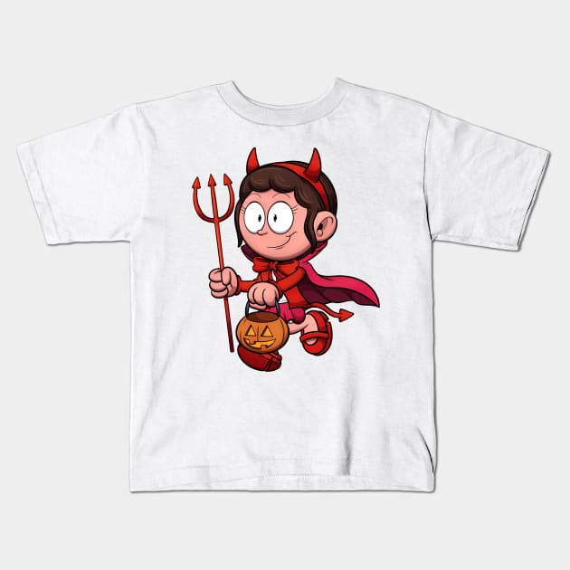 Kid In Devil Costume Trick Or Treating Kids T-Shirt by TheMaskedTooner